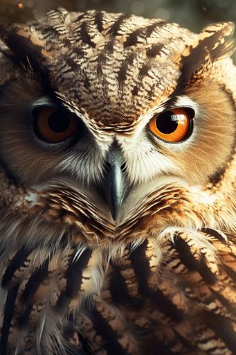 realistic owl character, with big eyes, majestic expression, front view portrait, hyper detailed decoration, beautifull feathers and ornaments, ultra realistic, intricate decorated, alphonse mucha art, cinematic background, ultra HD 8k render --ar 2:3