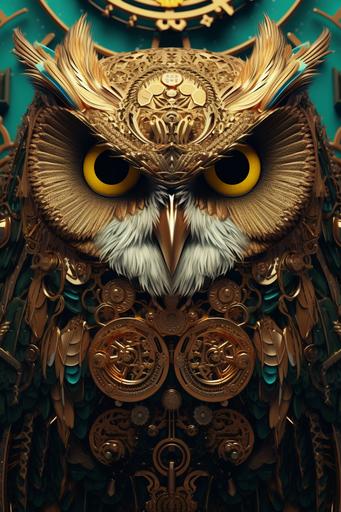 realistic owl character, with big eyes, majestic expression, front view portrait, hyper detailed decoration, beautifull feathers and ornaments, ultra realistic, intricate decorated, alphonse mucha art, cinematic background, ultra HD 8k render --ar 2:3