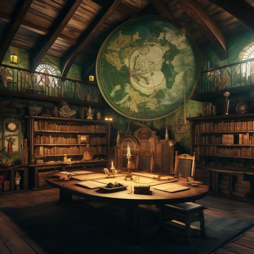 realistic painting large medieval wooden war room, vaulted ceilings, book shelves, large maps on the walls, dark green banners. Round table with large map in center of the room.