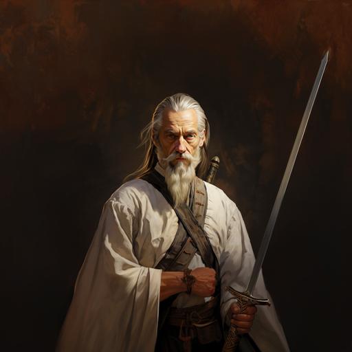 realistic painting medieval elderly swordsman with narrow face and sunburnt skin. Long white pony tail. Goatee and mustache. Subtle grin. Holding a rapier.