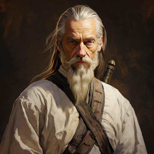 realistic painting medieval elderly swordsman with narrow face and sunburnt skin. Long white pony tail. Goatee and mustache. Subtle grin. Holding a rapier.