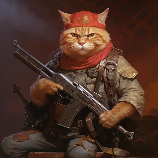 realistic painting of bipedal fat orange tabby cat with red forehead bandanna. Holding a heavy machine gun with bullets in a bandolier. Smoking cigar.