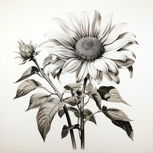 realistic pencil drawing sunflower with stem and leaves --s 750