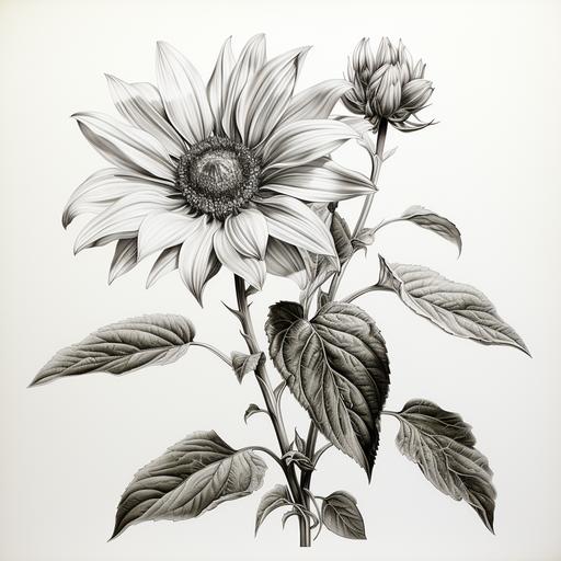 realistic pencil drawing sunflower with stem and leaves --s 750