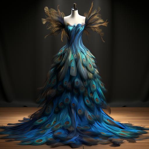 realistic peocok dress, fabrics, peocock feathers, long memrmai dress, 8K, HD