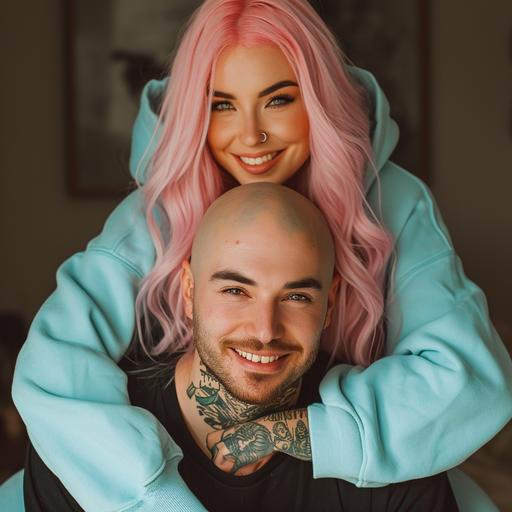 realistic photo, 30 year old, long pink hair, cute tattoos, aqua sweatshirt, smiling, standing behind and above, arms around bald boyfriend with a black tshirt, female in back, male in front --v 6.0