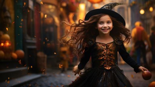 realistic photo, a child brunette witch, dress black, smiling on a very colorful street, cinematic --ar 16:9