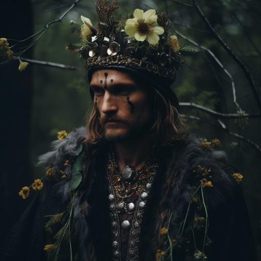 realistic photo, a crown of thorny flowers, floral bohemian clothes, A man walks in forest, dark soul, runes