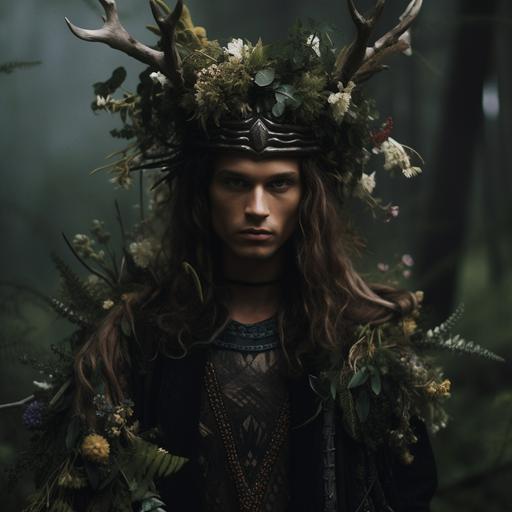 realistic photo, a crown of thorny flowers, floral bohemian clothes, A man walks in forest, dark soul, runes