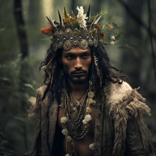 realistic photo, a crown of thorny flowers, floral bohemian clothes, A man walks in forest, dark soul, runes