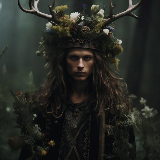 realistic photo, a crown of thorny flowers, floral bohemian clothes, A man walks in forest, dark soul, runes