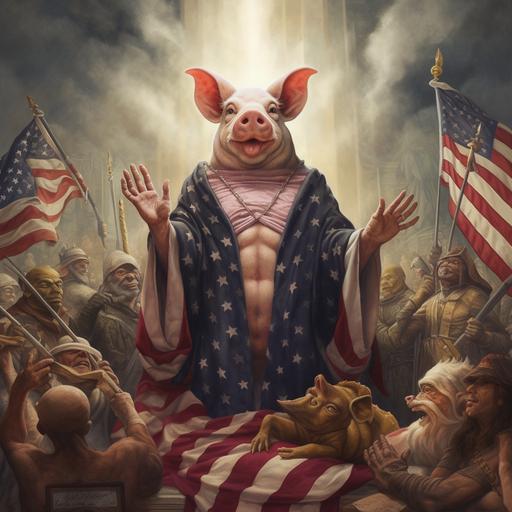 realistic photo a pig-beast with long claws wearing a jesus christ mask and american flag robes preaching to a crowd of brainless snakes, american flags in the background, the glorious ode to arrogance and hypocrisy