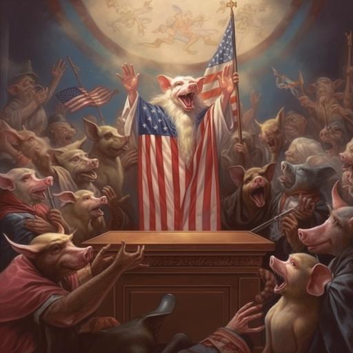 realistic photo a pig-beast with long claws wearing a jesus christ mask and american flag robes preaching to a crowd of brainless snakes, american flags in the background, the glorious ode to arrogance and hypocrisy