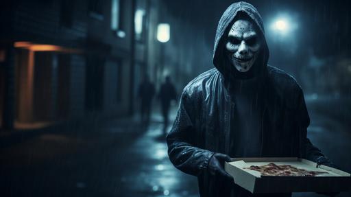 realistic photo, a terror guy with Scream movie mask holding a pizza box, night empty street --ar 16:9