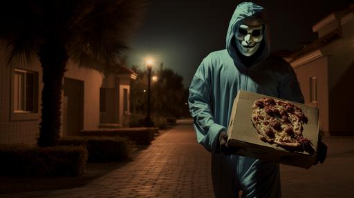 realistic photo, a terror guy with Scream movie mask holding a pizza box, night empty street with villa houses dubai --ar 16:9