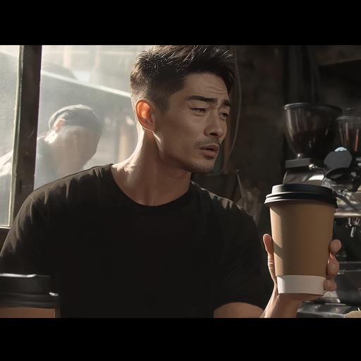 realistic photo, an asian man facing to right hand side, furrowing his brows and talking, wearing a dark t-shirt and holding a coffee cup --s 750 --niji 6