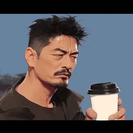 realistic photo, an asian man facing to right lower corner, furrowing his brows and talking, wearing a dark t-shirt and holding a coffee cup --s 750 --niji 6