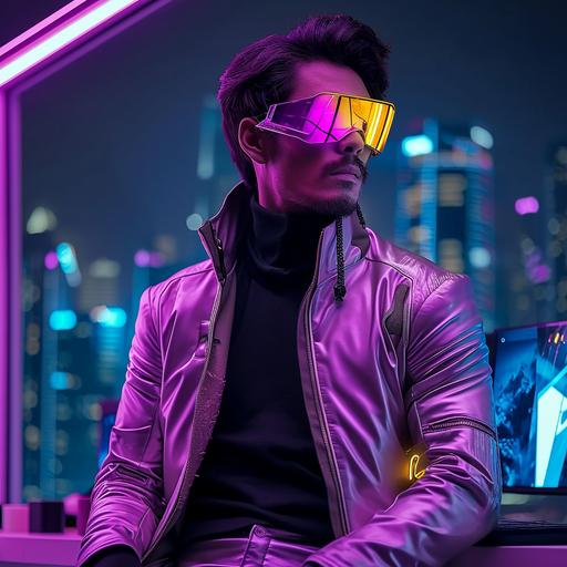 realistic photo, an asian man wearing futuristic outfit with digital glasses, purple cyberpunk computer room with neon light --s 750 --v 6.0
