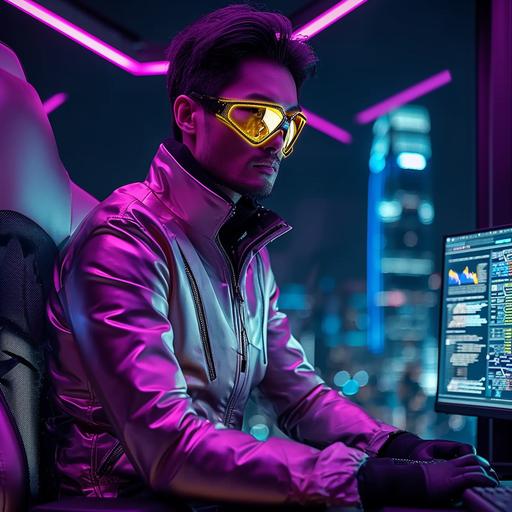 realistic photo, an asian man wearing futuristic outfit with digital glasses, purple cyberpunk computer room with neon light --s 750 --v 6.0