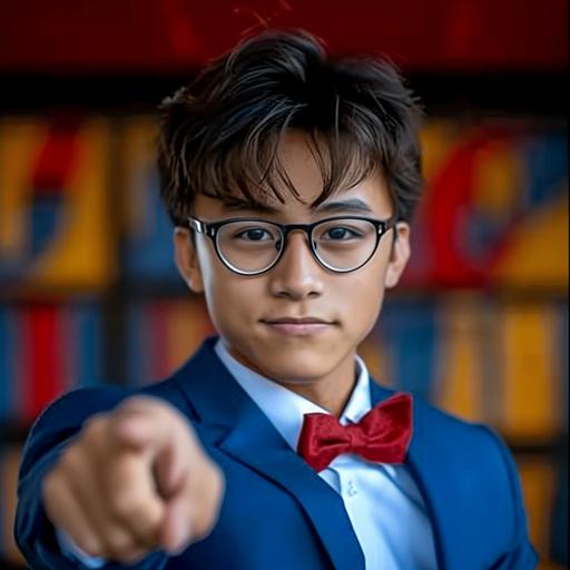 realistic photo, an asian teenage boy wearing glasses, blue suit with a red bowtie, his hand pointing to camera --s 750 --v 6.0