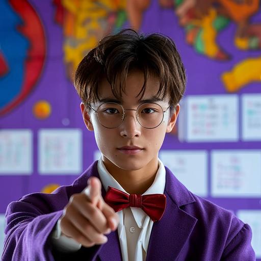 realistic photo, an asian teenage boy wearing glasses, purple suit with a red bowtie, his hand pointing to camera, classroom background --s 750 --v 6.0