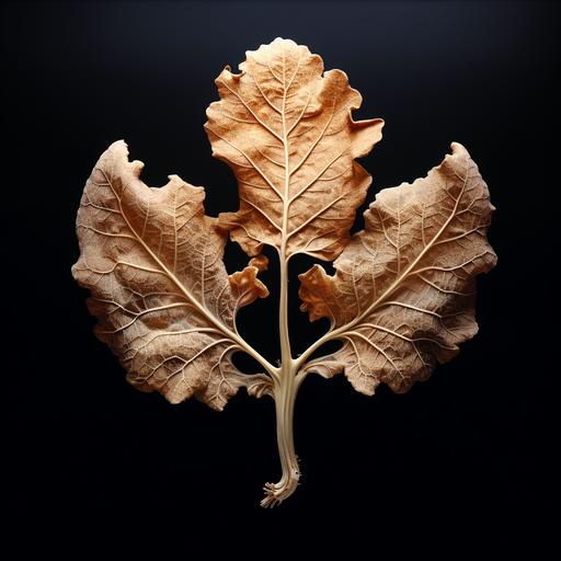 realistic photo an oak leaf skeleton standing upright in space seen from a distance