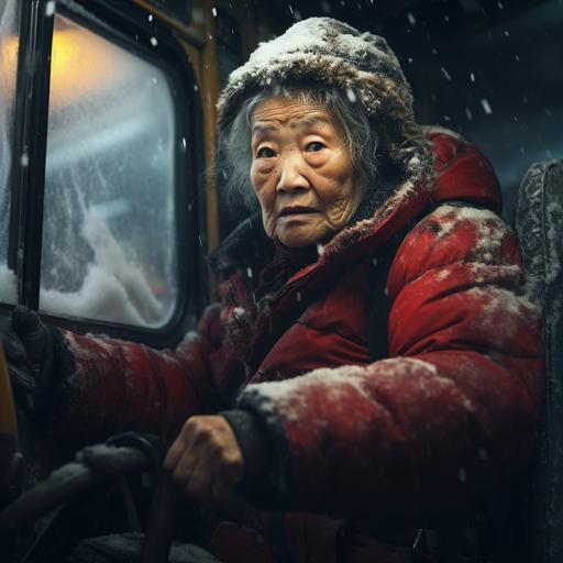 realistic photo, an old asian woman driving inside ambulance in the snow