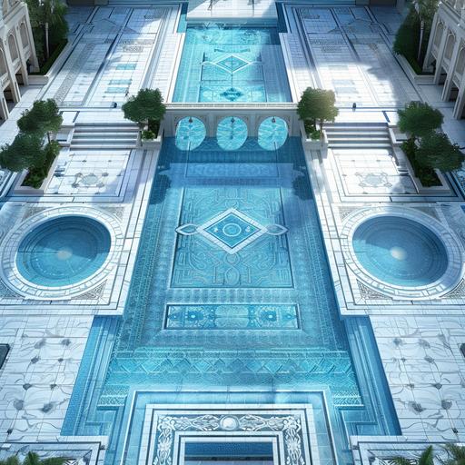 realistic photo, arial view an Olympic swimming pool, connected by a bridge with another square pool, area around the pool is paved with ultra modern pattern of white and grey Mediterranean mechanically cut stone, the paved areas around the pools fits 40O guests for a wedding reception. The pool tile design is based on shades on blue colour scheme, from light blue to dark blue, Mediterranean-setting.