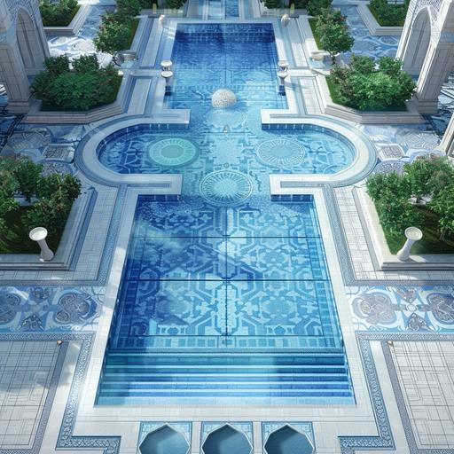 realistic photo, arial view an Olympic swimming pool, connected by a bridge with another square pool, area around the pool is paved with ultra modern pattern of white and grey Mediterranean mechanically cut stone, the paved areas around the pools fits 40O guests for a wedding reception. The pool tile design is based on shades on blue colour scheme, from light blue to dark blue, Mediterranean-setting.