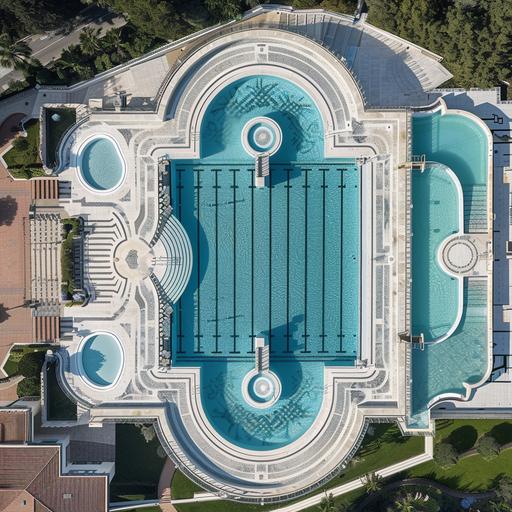 realistic photo, arial view an Olympic swimming pool, connected by a bridge with another square pool, and half a circle children’s pool connected to the right of the square pool, area around the pool is paved with ultra modern pattern of white and grey Mediterranean mechanically cut stone, the paved areas around the pools fits 40O guests for a wedding reception. The pool tile design is based on shades on blue colour scheme, from light blue to dark blue, Mediterranean-setting.