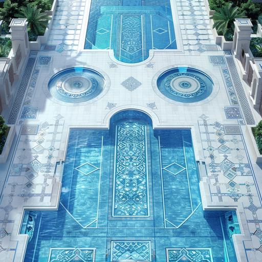 realistic photo, arial view an Olympic swimming pool, connected by a bridge with another square pool, area around the pool is paved with ultra modern pattern of white and grey Mediterranean mechanically cut stone, the paved areas around the pools fits 40O guests for a wedding reception. The pool tile design is based on shades on blue colour scheme, from light blue to dark blue, Mediterranean-setting.