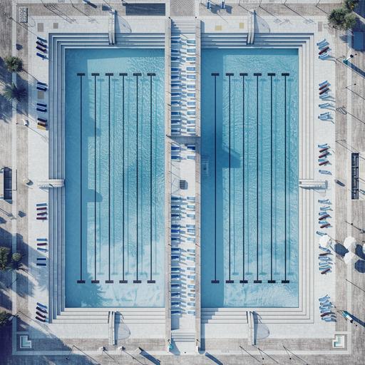 realistic photo, arial view an Olympic swimming pool, connected by a bridge with another square pool, area around the pool is paved with ultra modern pattern of white and grey Mediterranean mechanically cut stone, the paved areas around the pools fits 40O guests for a wedding reception. The pool tile design is based on shades on blue colour scheme, from light blue to dark blue, Mediterranean-setting.