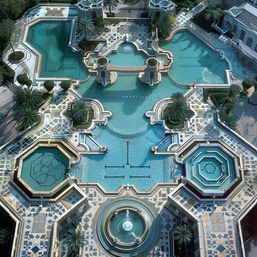 realistic photo, arial view an Olympic swimming pool, connected by a bridge with another square pool, and half a circle children’s pool connected to the right of the square pool, area around the pool is paved with ultra modern pattern of white and grey Mediterranean mechanically cut stone, the paved areas around the pools fits 40O guests for a wedding reception. The pool tile design is based on shades on blue colour scheme, from light blue to dark blue, Mediterranean-setting.