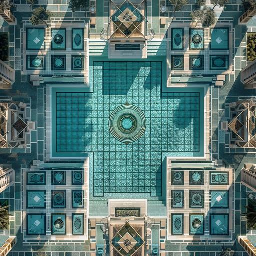 realistic photo, arial view an Olympic swimming pool, connected by a bridge with another square pool, area around the pool is paved with ultra modern pattern of white and grey Mediterranean mechanically cut stone, the paved areas around the pools fits 40O guests for a wedding reception. The pool tile design is based on shades on blue colour scheme, from light blue to dark blue, Mediterranean-setting.