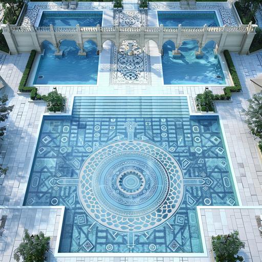 realistic photo, arial view an Olympic swimming pool, connected by a bridge with another square pool, area around the pool is paved with ultra modern pattern of white and grey Mediterranean mechanically cut stone, the paved areas around the pools fits 40O guests for a wedding reception. The pool tile design is based on shades on blue colour scheme, from light blue to dark blue, Mediterranean-setting.