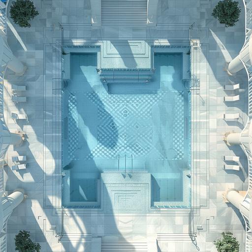 realistic photo, arial view an Olympic swimming pool, connected by a bridge with another square pool, area around the pool is paved with ultra modern pattern of white and grey Mediterranean mechanically cut stone, the paved areas around the pools fits 40O guests for a wedding reception. The pool tile design is based on shades on blue colour scheme, from light blue to dark blue, Mediterranean-setting.