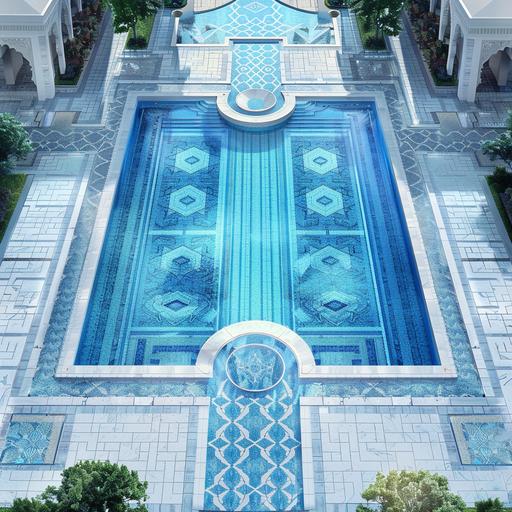 realistic photo, arial view an Olympic swimming pool, connected by a bridge with another square pool, area around the pool is paved with ultra modern pattern of white and grey Mediterranean mechanically cut stone, the paved areas around the pools fits 40O guests for a wedding reception. The pool tile design is based on shades on blue colour scheme, from light blue to dark blue, Mediterranean-setting.