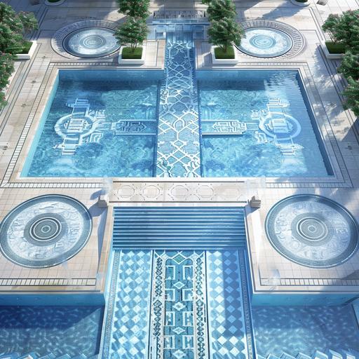 realistic photo, arial view an Olympic swimming pool, connected by a bridge with another square pool, area around the pool is paved with ultra modern pattern of white and grey Mediterranean mechanically cut stone, the paved areas around the pools fits 40O guests for a wedding reception. The pool tile design is based on shades on blue colour scheme, from light blue to dark blue, Mediterranean-setting.