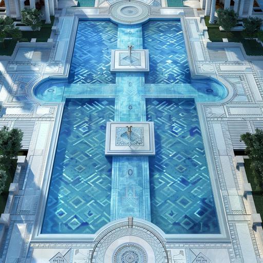 realistic photo, arial view an Olympic swimming pool, connected by a bridge with another square pool, area around the pool is paved with ultra modern pattern of white and grey Mediterranean mechanically cut stone, the paved areas around the pools fits 40O guests for a wedding reception. The pool tile design is based on shades on blue colour scheme, from light blue to dark blue, Mediterranean-setting.