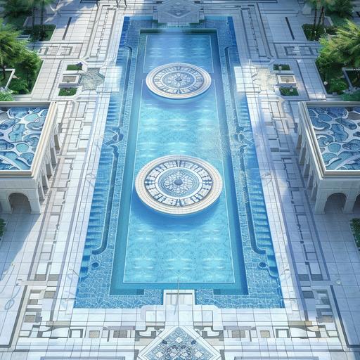 realistic photo, arial view an Olympic swimming pool, connected by a bridge with another square pool, area around the pool is paved with ultra modern pattern of white and grey Mediterranean mechanically cut stone, the paved areas around the pools fits 40O guests for a wedding reception. The pool tile design is based on shades on blue colour scheme, from light blue to dark blue, Mediterranean-setting.