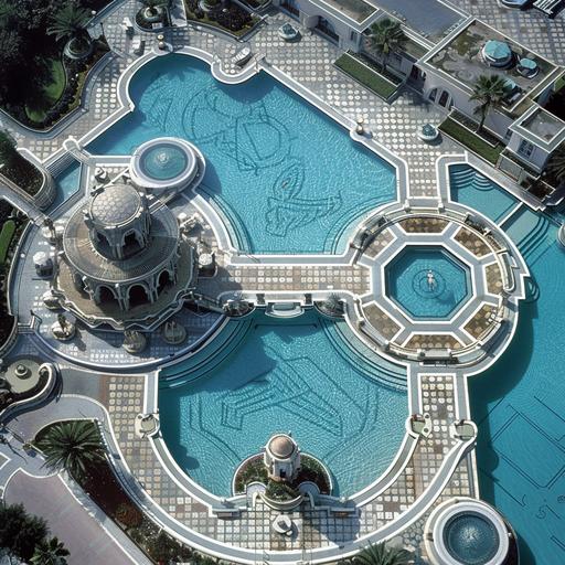 realistic photo, arial view an Olympic swimming pool, connected by a bridge with another square pool, and half a circle children’s pool connected to the right of the square pool, area around the pool is paved with ultra modern pattern of white and grey Mediterranean mechanically cut stone, the paved areas around the pools fits 40O guests for a wedding reception. The pool tile design is based on shades on blue colour scheme, from light blue to dark blue, Mediterranean-setting.