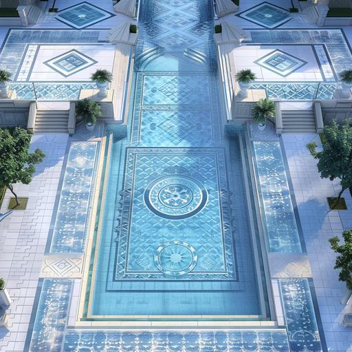 realistic photo, arial view an Olympic swimming pool, connected by a bridge with another square pool, area around the pool is paved with ultra modern pattern of white and grey Mediterranean mechanically cut stone, the paved areas around the pools fits 40O guests for a wedding reception. The pool tile design is based on shades on blue colour scheme, from light blue to dark blue, Mediterranean-setting.