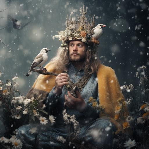 realistic photo, fairytale creatures, an enchanted forest, snowing, a magician with bird, a crown of flowers