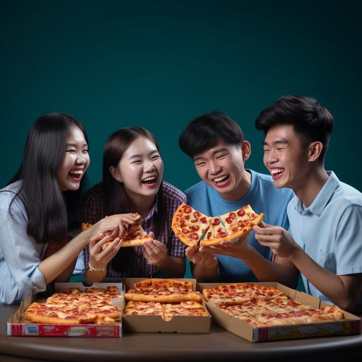 realistic photo, group of asian teen are eating domino’s pizza, clean and bright background. Happy and smile
