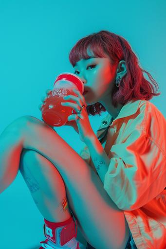 realistic photo in turquoise-blue studio, of whole body of a korean model like KOCOSTAR's, skating and drinking from a plastic-glass of red-kombucha. Pop style. --ar 2:3 --v 6.0