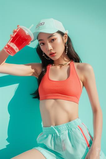 realistic photo in turquoise-blue studio, of whole body of a korean model like KOCOSTAR's, skating and drinking from a plastic-glass of red-kombucha. Pop style. --ar 2:3