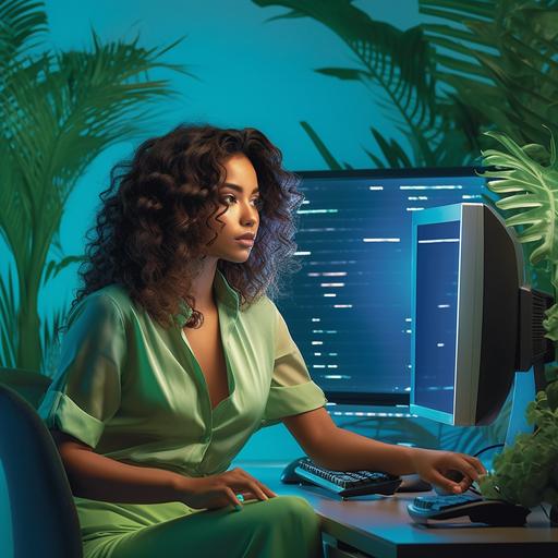 realistic photo inspired by Miami Vice, showcasing a Latina woman working diligently on a cutting-edge computer setup, ensuring the devices appear sleek, ultra-modern, and futuristic. The scene should be set in an office space filled with green plants and stylish furnishings. The two expansive monitors should be nearly bezel-less, displaying lines of code in high definition. The color scheme should incorporate vibrant hues reminiscent of the iconic Miami Vice style. The woman should be dressed in a tasteful modern professional outfit without being provocative. She should look focused, with a subtle, satisfied smile.