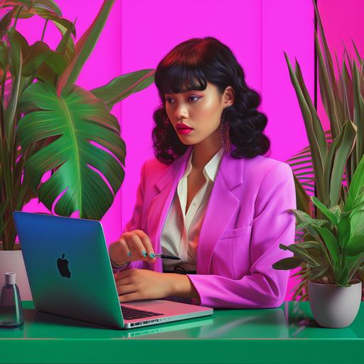 realistic photo inspired by Miami Vice, showcasing a filipino woman working diligently on a cutting-edge computer setup, holding a tablet, ensuring the devices appear sleek, ultra-modern, and futuristic. The scene should be set in an office space filled with green plants and stylish furnishings. The color scheme should incorporate vibrant hues of purple, pink and green reminiscent of the iconic Miami Vice style. The woman should be dressed in a modern casual professional outfit. She should look focused and content.