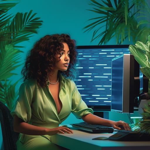 realistic photo inspired by Miami Vice, showcasing a Latina woman working diligently on a cutting-edge computer setup, ensuring the devices appear sleek, ultra-modern, and futuristic. The scene should be set in an office space filled with green plants and stylish furnishings. The two expansive monitors should be nearly bezel-less, displaying lines of code in high definition. The color scheme should incorporate vibrant hues reminiscent of the iconic Miami Vice style. The woman should be dressed in a tasteful modern professional outfit without being provocative. She should look focused, with a subtle, satisfied smile.