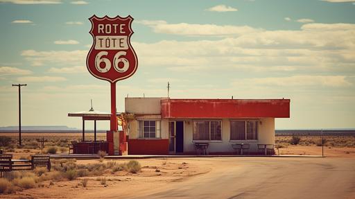 realistic photo of Restaurant sign along historic Route 66, sign with text 